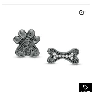 Black and White Diamond Bone and Paw Mismatch Stud Earrings